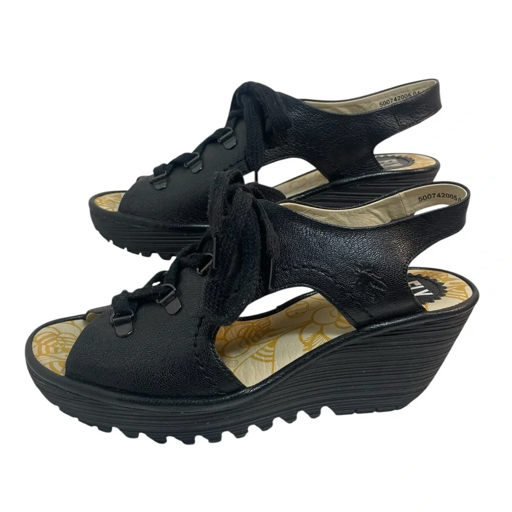 FLY London Ylfa Black Lace-Up Leather Wedge Sandals Women’s Size EUR 39 US 8-8.5